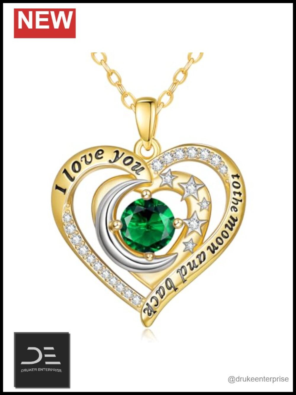 14K Gold Plated I Love You to the Moon and Back Double Heart Necklace, Cubic
